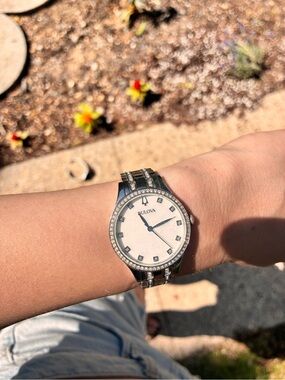 Bulova Silver-Tone Crystal Accent Ladies Watch with White Dial
